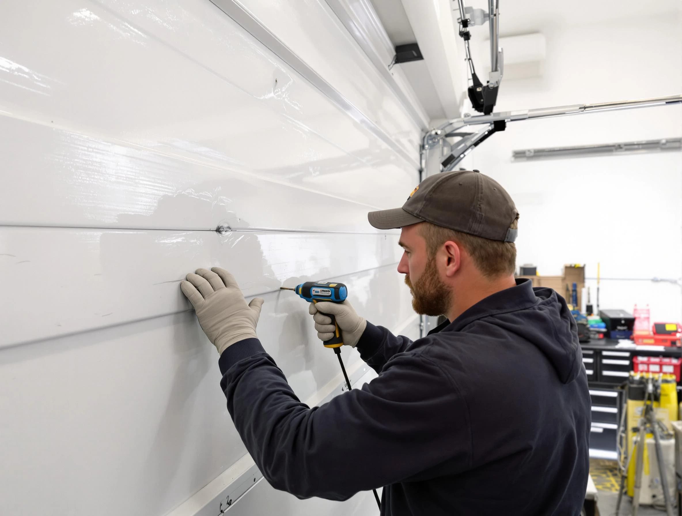 Golden Garage Door Repair technician demonstrating precision dent removal techniques on a Golden garage door